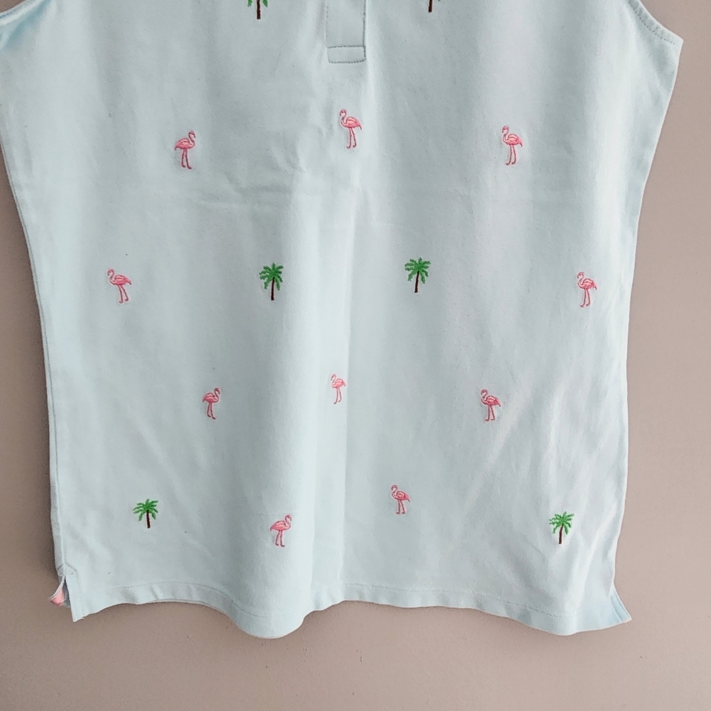 Light Blue Sleeveless Polo with Pink Flamingos and Green Palm Trees Size M - Picture 3 of 12